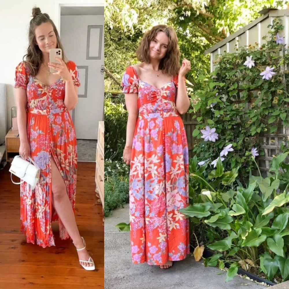 New Spell x Revolve Lily Gown Red Floral M Maxi Dress Ruched Designs Exclusive